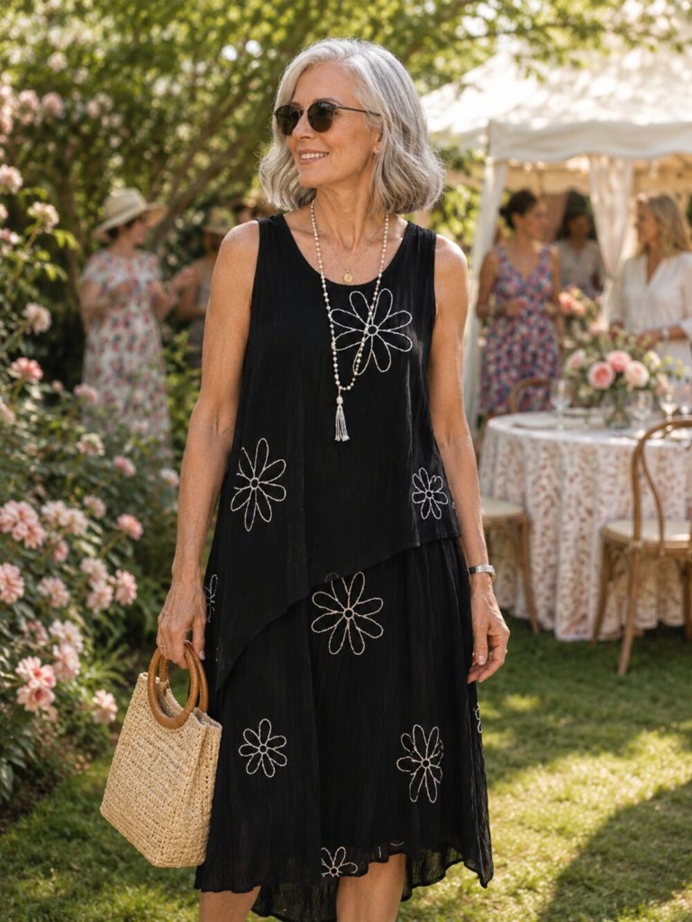 Chandi Collection Black Rayon Sleeveless Dress White Daisy Floral Print Size Lar